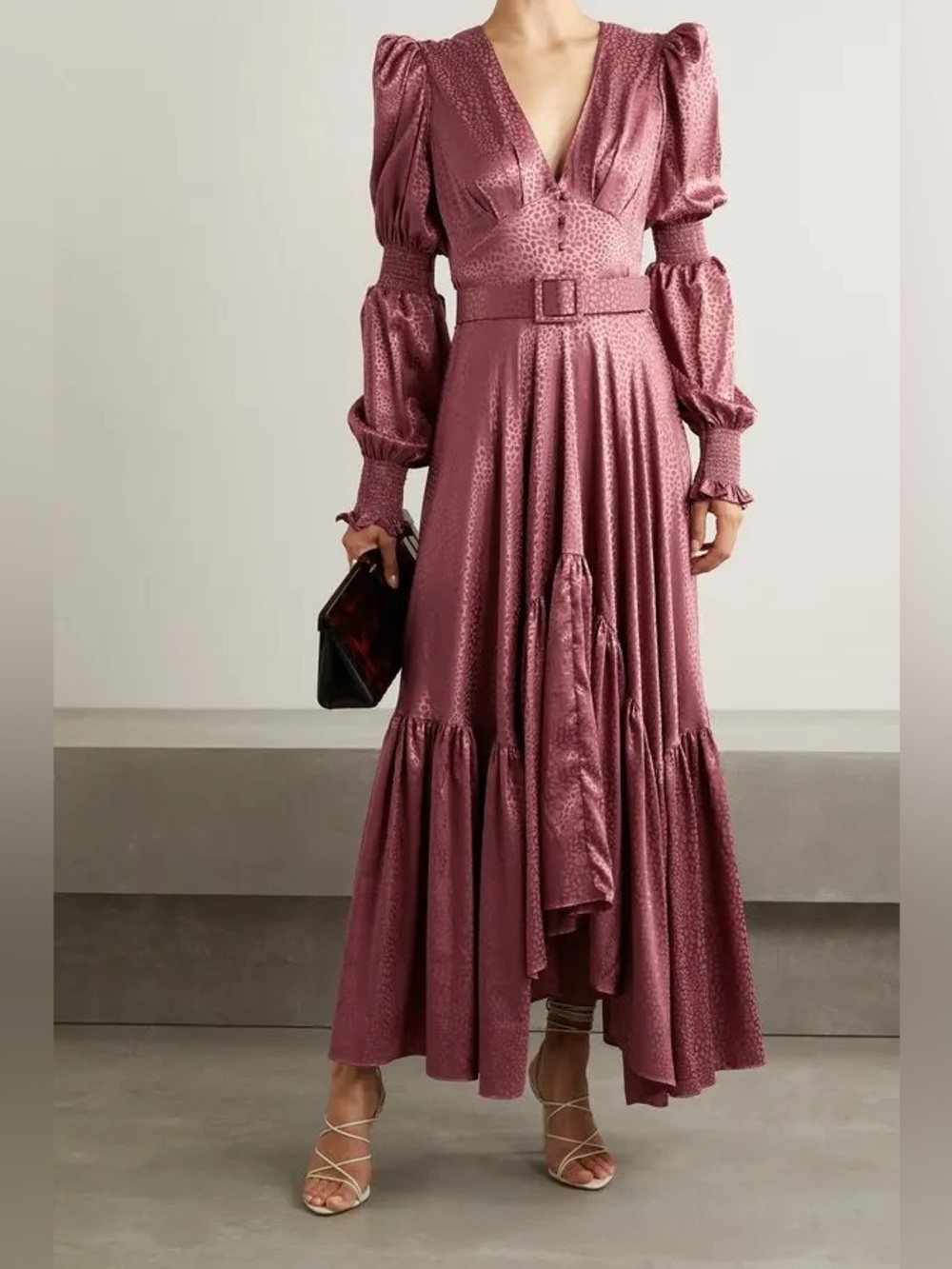 Rosevelvet Pink Satin Long Sleeve Animal Print Belted Gown